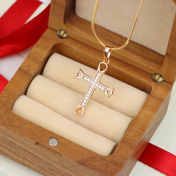 "Elegant Rose Gold Cross Pendant with CZ Stones and Cutout Design, XPPT1848 - Picture 7 of 13